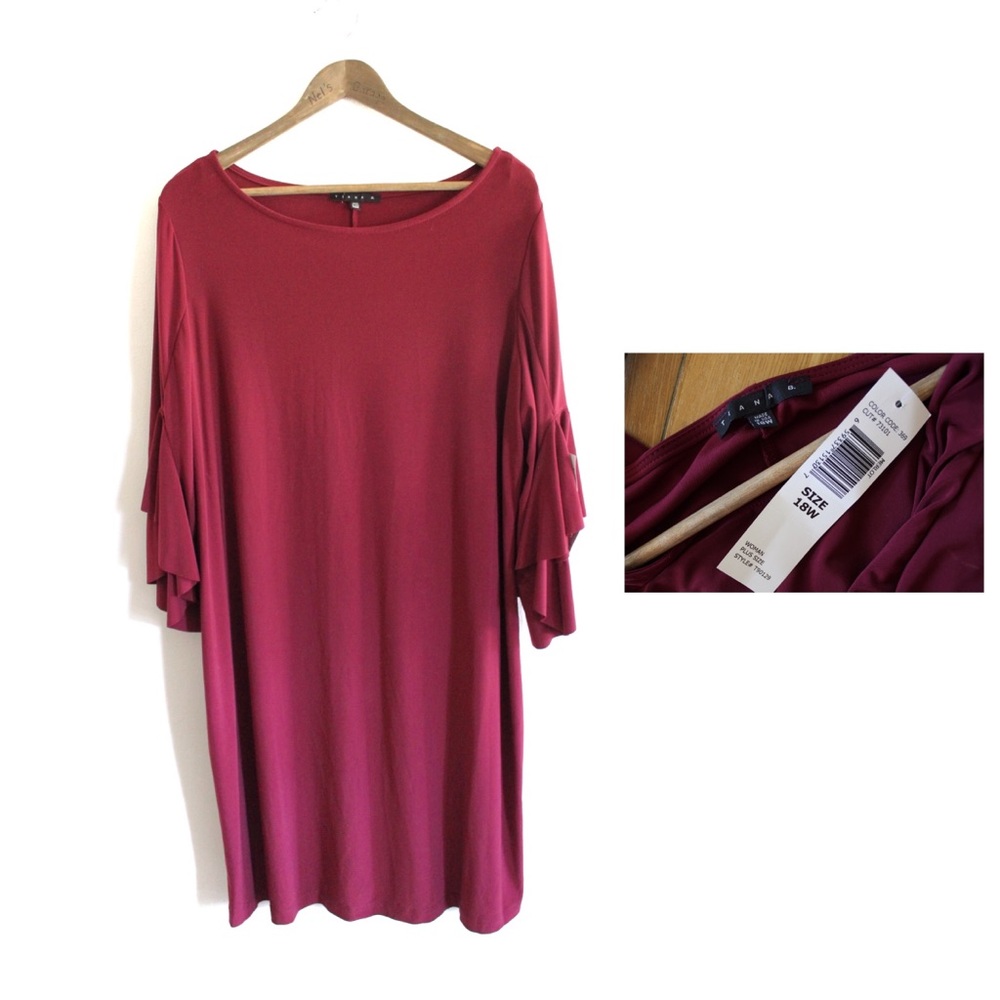 Tiana B. NWT Wine Red Ruffled Sleeve Midi Plus Dress 18W